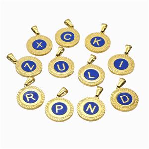 Stainless Steel Letter Pendant Pave Blue Shell Mix Alphabet Gold Plated, approx 18mm