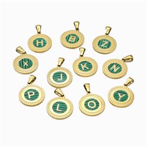 Stainless Steel Letter Pendant Pave Green Shell Mix Alphabet Gold Plated, approx 18mm