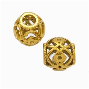 Titanium Steel Round Beads Large Hole Hollow Gold Plated, approx 9-10mm, 4mm hole