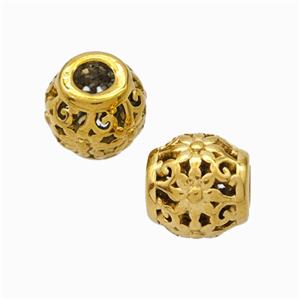 Titanium Steel Barrel Beads Large Hole Hollow Flower Gold Plated, approx 9-10mm, 4mm hole