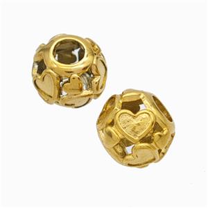 Titanium Steel Round Beads Large Hole Hollow Heart Gold Plated, approx 9-10mm, 4mm hole