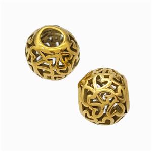 Titanium Steel Round Beads Large Hole Hollow Heart Gold Plated, approx 9-10mm, 4mm hole