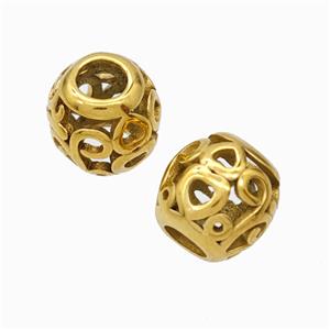 Titanium Steel Round Beads Large Hole Hollow Heart Gold Plated, approx 9-10mm, 4mm hole