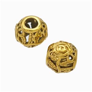 Titanium Steel Round Beads Large Hole Hollow Flower Gold Plated, approx 9-10mm, 4mm hole