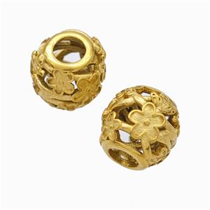 Titanium Steel Barrel Beads Large Hole Hollow Flower Gold Plated, approx 9-10mm, 4mm hole