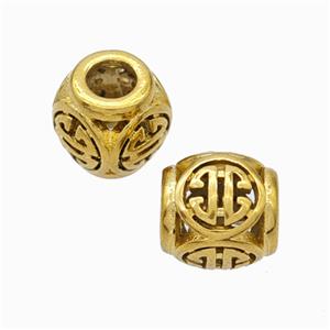 Titanium Steel Barrel Beads Large Hole Hollow Gold Plated, approx 9-10mm, 4mm hole