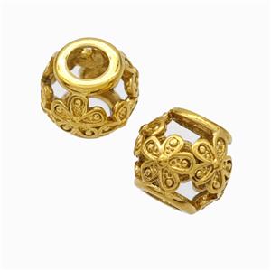 Titanium Steel Round Beads Large Hole Hollow Flower Gold Plated, approx 9-10mm, 4mm hole