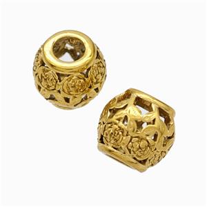 Titanium Steel Round Beads Large Hole Hollow Flower Gold Plated, approx 9-10mm, 4mm hole