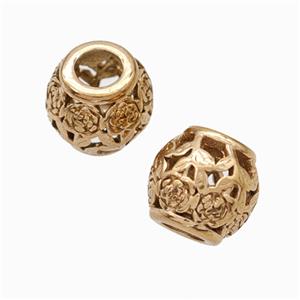 Titanium Steel Round Beads Large Hole Hollow Flower Rose Gold, approx 9-10mm, 4mm hole