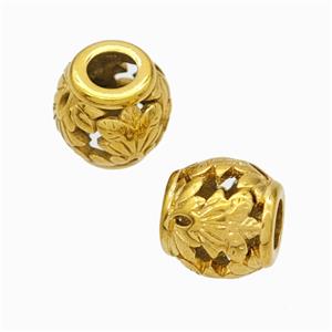 Titanium Steel Barrel Beads Large Hole Hollow Leaf Gold Plated, approx 9-10mm, 4mm hole