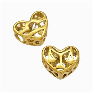 Titanium Steel Heart Beads Zodiac Libra Large Hole Hollow Gold Plated, approx 12mm, 4mm hole