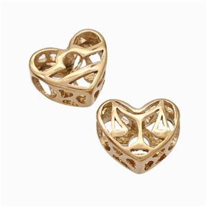 Titanium Steel Heart Beads Zodiac Libra Large Hole Hollow Rose Gold, approx 12mm, 4mm hole