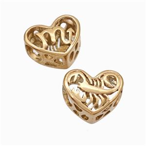 Titanium Steel Heart Beads Zodiac Scorpio Large Hole Hollow Rose Gold, approx 12mm, 4mm hole