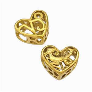 Titanium Steel Heart Beads Zodiac Capricorn Large Hole Hollow Gold Plated, approx 12mm, 4mm hole