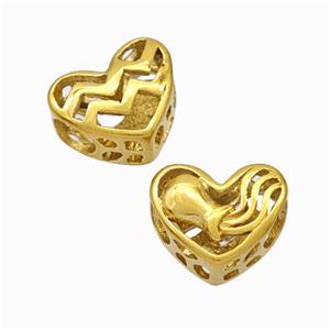 Titanium Steel Heart Beads Zodiac Aquarius Large Hole Hollow Gold Plated, approx 12mm, 4mm hole