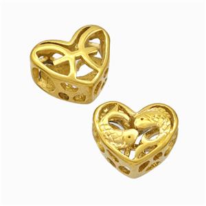 Titanium Steel Heart Beads Zodiac Pisces Large Hole Hollow Gold Plated, approx 12mm, 4mm hole