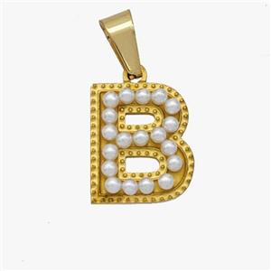 Stainless Steel Pendant Pave Pearlized Resin Letter-B Gold Plated, approx 10-15mm