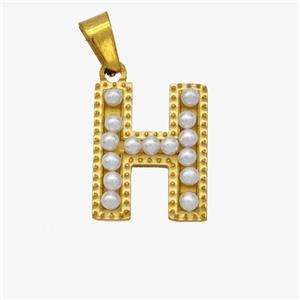 Stainless Steel Pendant Pave Pearlized Resin Letter-H Gold Plated, approx 10-15mm