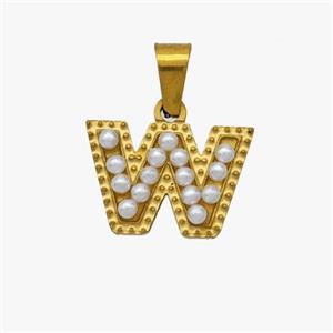 Stainless Steel Pendant Pave Pearlized Resin Letter-W Gold Plated, approx 10-15mm