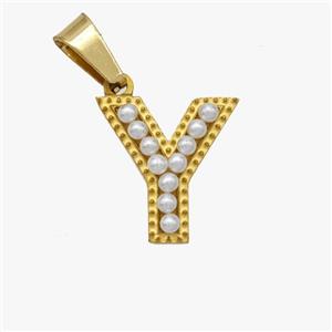 Stainless Steel Pendant Pave Pearlized Resin Letter-Y Gold Plated, approx 10-15mm