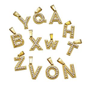 Stainless Steel Alphabet Pendant Pave Pearlized Resin Mix Letters Gold Plated, approx 10-15mm