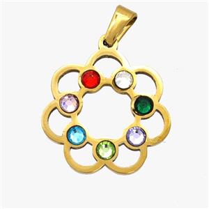 Stainless Steel Flower Pendant Micropave Rhinestone Chakra Gold Plated, approx 20mm