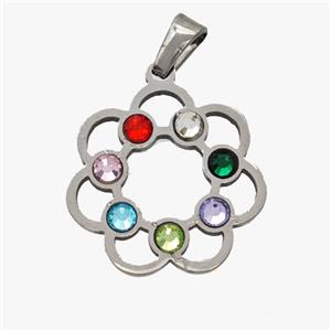 Raw Stainless Steel Flower Pendant Micropave Rhinestone Chakra, approx 20mm