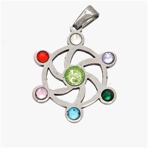 Raw Stainless Steel Flower Pendant Micropave Rhinestone Chakra, approx 22mm