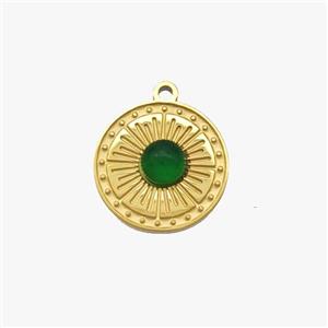 Stainless Steel Sun Pendant Pave Green Jade Gold Plated, approx 12mm