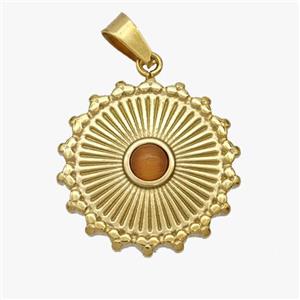 Stainless Steel Sun Pendant Pave Peach Cateye Glass Gold Plated, approx 20mm