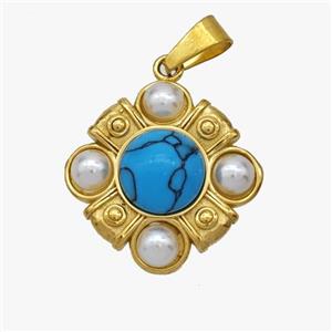 Stainless Steel Pendant Blue Howlite Pearlized Resin Gold Plated, approx 19mm