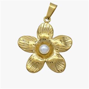 Stainless Steel Flower Pendant Pave Pearlized Resin Gold Plated, approx 22mm