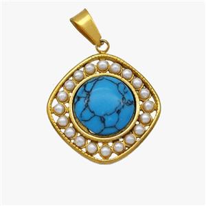 Stainless Steel Square Pendant Pave Blue Howlite Pearlized Resin Gold Plated, approx 18.5mm