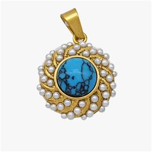 Stainless Steel Flower Pendant Pave Blue Howlite Pearlized Resin Gold Plated, approx 16mm