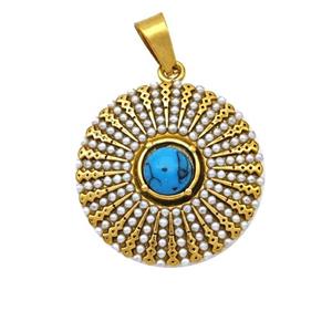 Stainless Steel Flower Pendant Pave Blue Howlite Pearlized Resin Gold Plated, approx 20mm