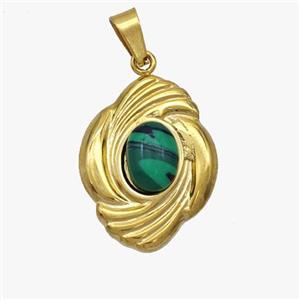 Stainless Steel Flower Pendant Pave Synthetic Malachite Gold Plated, approx 16-20mm