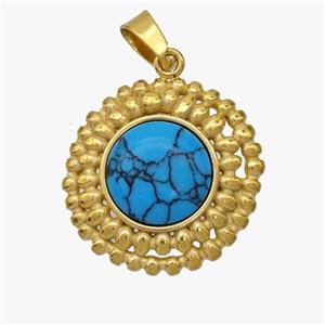 Stainless Steel Sunflower Pendant Pave Blue Howlite Gold Plated, approx 19mm