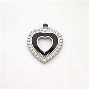 Raw Stainless Steel Heart Pendant Pave Black Acrylic, approx 12mm