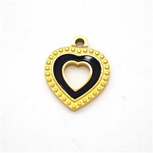 Stainless Steel Heart Pendant Pave Black Acrylic Gold Plated, approx 12mm