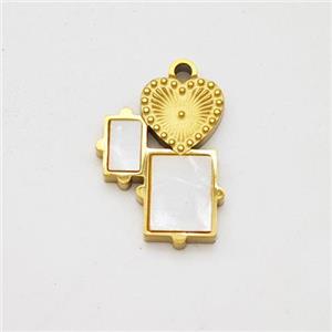 Stainless Steel Heart Rectangle Pendant Pave Shell Gold Plated, approx 10-13mm