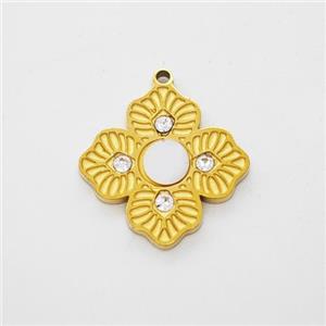 Stainless Steel Clover Pendant Pave Rhinestone Shell Gold Plated, approx 14mm