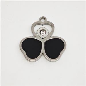 Raw Stainless Steel Clover Pendant Pave Black Acrylic Rhinestone, approx 15mm