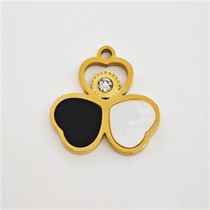 Stainless Steel Clover Pendant Pave Shell Acrylic Rhinestone Gold Plated, approx 15mm