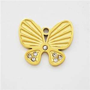 Stainless Steel Butterfly Pendant Pave Rhinestone Gold Plated, approx 14-16mm