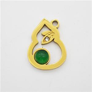 Stainless Steel Gourd Pendant Pave Green Jade Gold Plated, approx 11-15mm