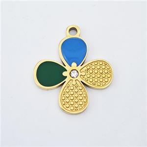 Stainless Steel Clover Pendant Pave Acrylic Rhinestone Gold Plated, approx 15mm