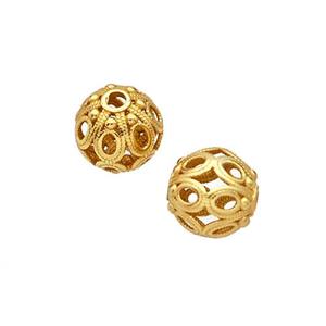 925 Sterling Silver Round Beads Hollow Gold Plated, approx 7mm