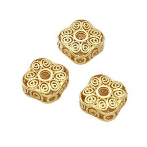 925 Sterling Silver Square Beads Hollow Gold Plated, approx 8.5mm