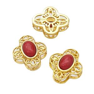 925 Sterling Silver Flower Beads Pave Coral Gold Plated, approx 11-12mm