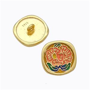 925 Sterling Silver Button Beads Flower Enamel Gold Plated, approx 10mm